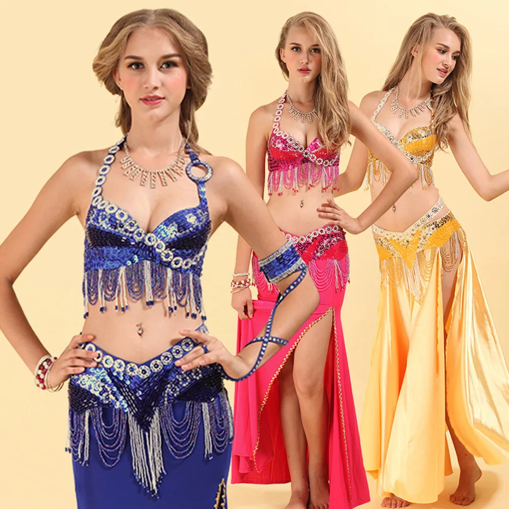 

Women Latin Belly Dance Costume Sets Ladies Dancer Stage Performance Clothes 3 Piece Bra + Belt +Skirt