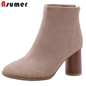 

ASUMER 2020 plus size 48 ankle boots for women flock round toe high heels party dress shoes ladies autumn winter short boots
