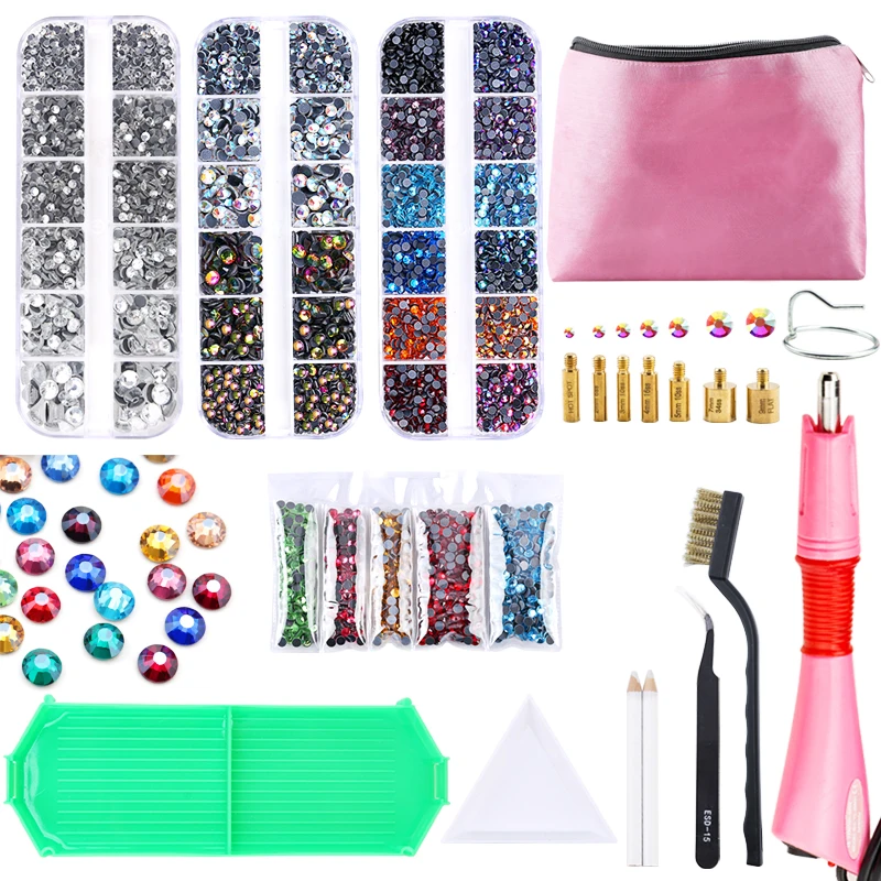 Hotfix Stone DIY Hot Fix Rhinestone Applicator Wand Setter Tool set  ,Tweezers & Brush Kit & Glass Crystal Rhinestones