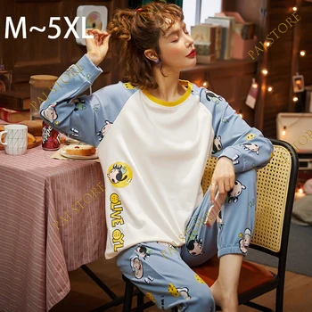 

5XL Plus Size Winter Yellow Cartoon Pajamas Set for Women Trousers Casual Sleepwear Kawaii Pijamas Long Sleeve Cute Homewear