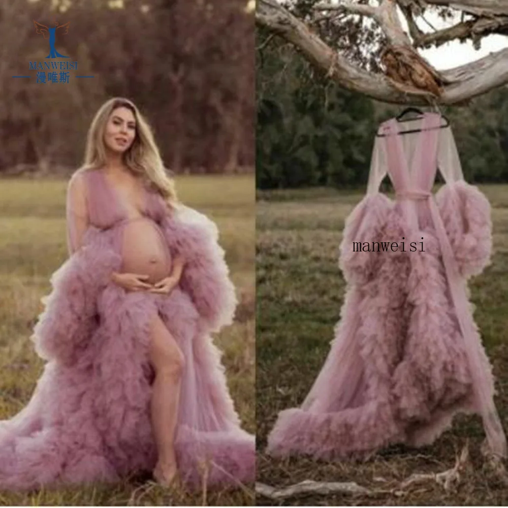 Unique Prom Dresses Custom Made Tulle Maternity Robes Women Photoshoot Evening Gowns Fluffy Tiered Tulle Robe Formal Party Dress - 4