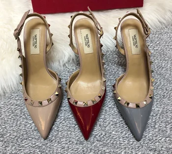 

6cm Women's Sandal Classics Brand V Logo Women High Heel Sandals With Rivets Genuine Leather Wedding Shoes Pointed Toe Thin Heel