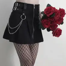 Женские плиссированные юбки saia в готическом стиле на молнии, украшенные цепочкой, уличная одежда в стиле панк-рок, faldas mujer moda, женские черные мини юбки DV307