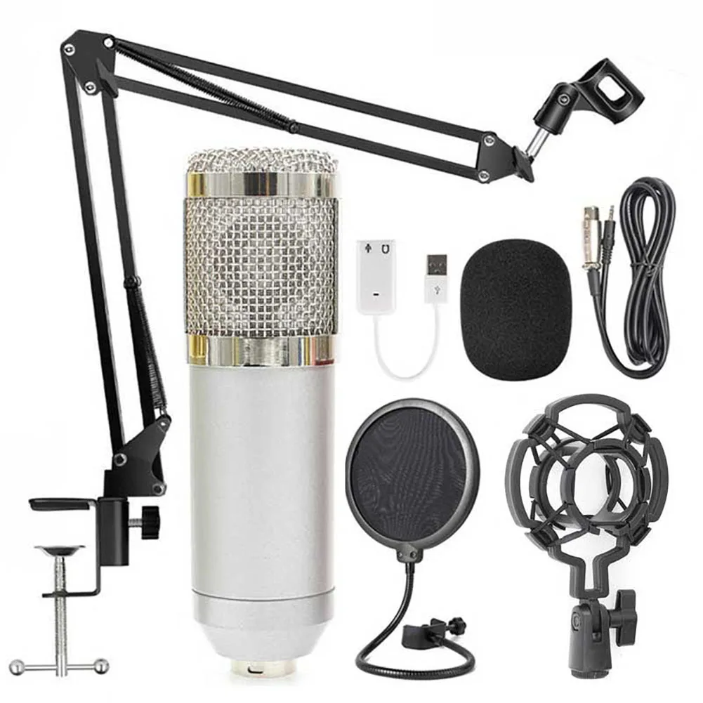 BM-800 Профессиональный емкостный микрофон вокальная запись проводной микрофон для компьютера - Цвет: Серебристый