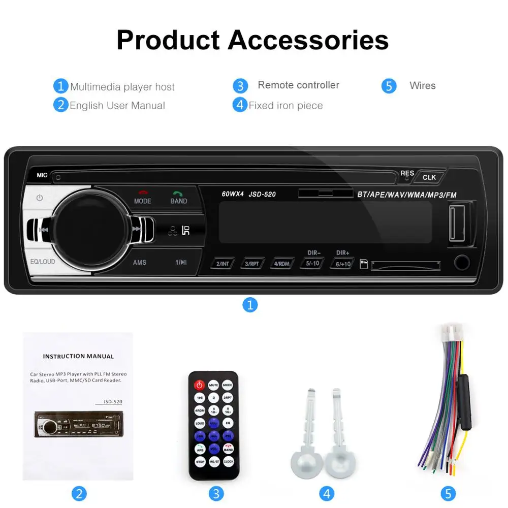 Авторадио Bluetooth 12 в автомобильный стерео радио FM Aux-IN вход приемник SD USB JSD-520 в тире 1 din автомобильный MP3 мультимедийный плеер