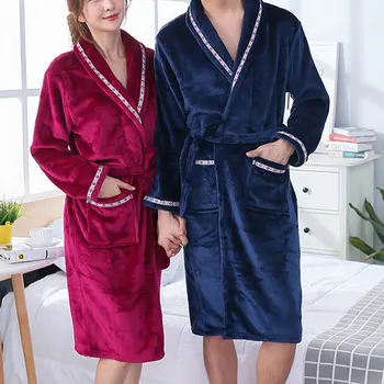 

Plus Size Winter Thick Warm Keeping Bathrobe Men Soft Coral Fleece Solid Color Pockets Long Bath Robe Home Gown Sleepwear