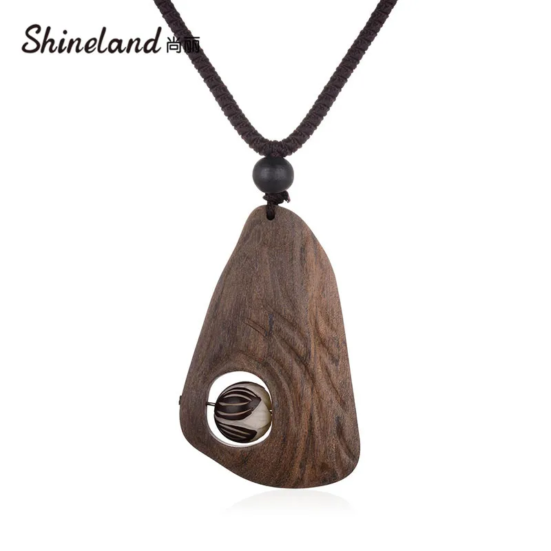 Shineland Unique Big Geometric Wooden Pendant Adjustable Rope Chain for Women Men Long Retro Necklace Wholesale Jewelry Mujer | Украшения и