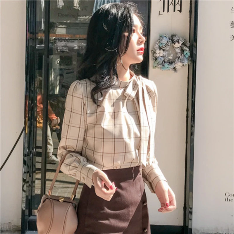 Осенние новые корейские модные женские шифоновые рубашки с длинными рукавами универсальные повседневные свободные клетчатые блузки элегантные женские Блузы Топы D518