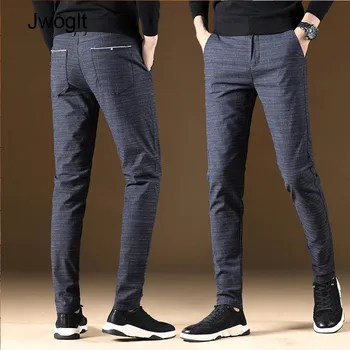 

Autumn New Smart Casual Pants Men Black Gray Plaid Trousers Straight Slim Fit Pant 28-38 Pantalones Hombre