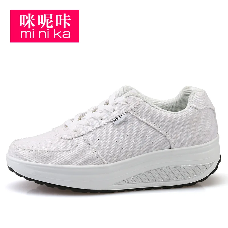 

Minika Canvas Rocking Shoes Women's Autumn Breathable Shoes White Slanted Heel Students Shoe Casual Shoes Women's 1643-13