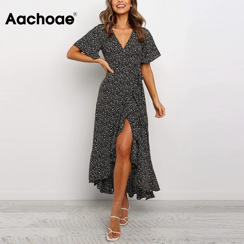 Aachoae 2020 Vintage Printed Long Maxi Dress Women Summer Boho Beach Split Dress V Neck Short Sleeve Ruffles Casual Warp Dresses Aachoae 2020 Vintage Printed Long Maxi Dress Women Summer Boho Beach Split Dress V Neck Short Sleeve Ruffles Casual Warp Dresses