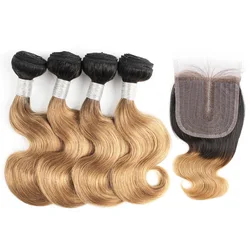 Bobbi Collection 50g/pc 4/6 Bundle with Lace Closure Middle Part Body Wave Remy Human Hair Weave Extension Ombre Honey Blonde