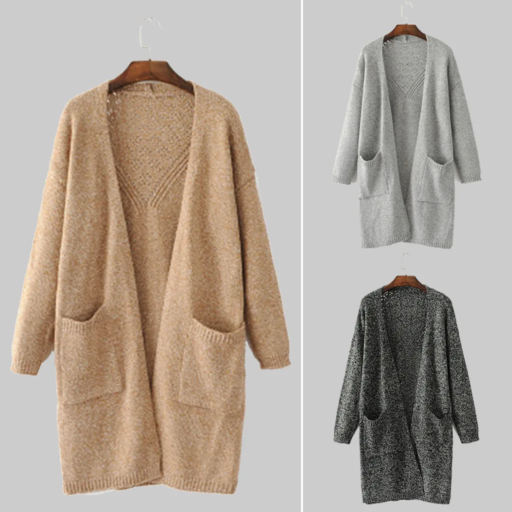 

Sweater Women Long Sleeve Solid Open Front Cardigan Jumper Sweaters With Pocket Tops Kardigan Sueter Mujer Invierno Pull Femme