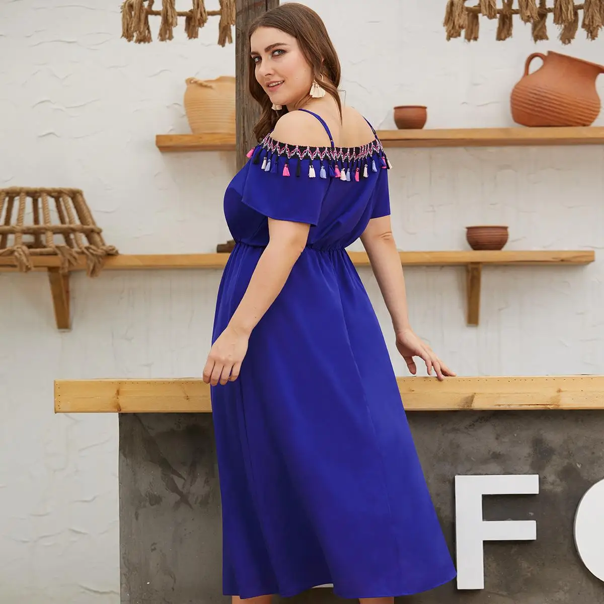 Платье с кружевом женское платье Boho одно плечо ремень высокие приталенные, с коротким рукавом Сплит большой размер Синяя Женская пляжная одежда, платье