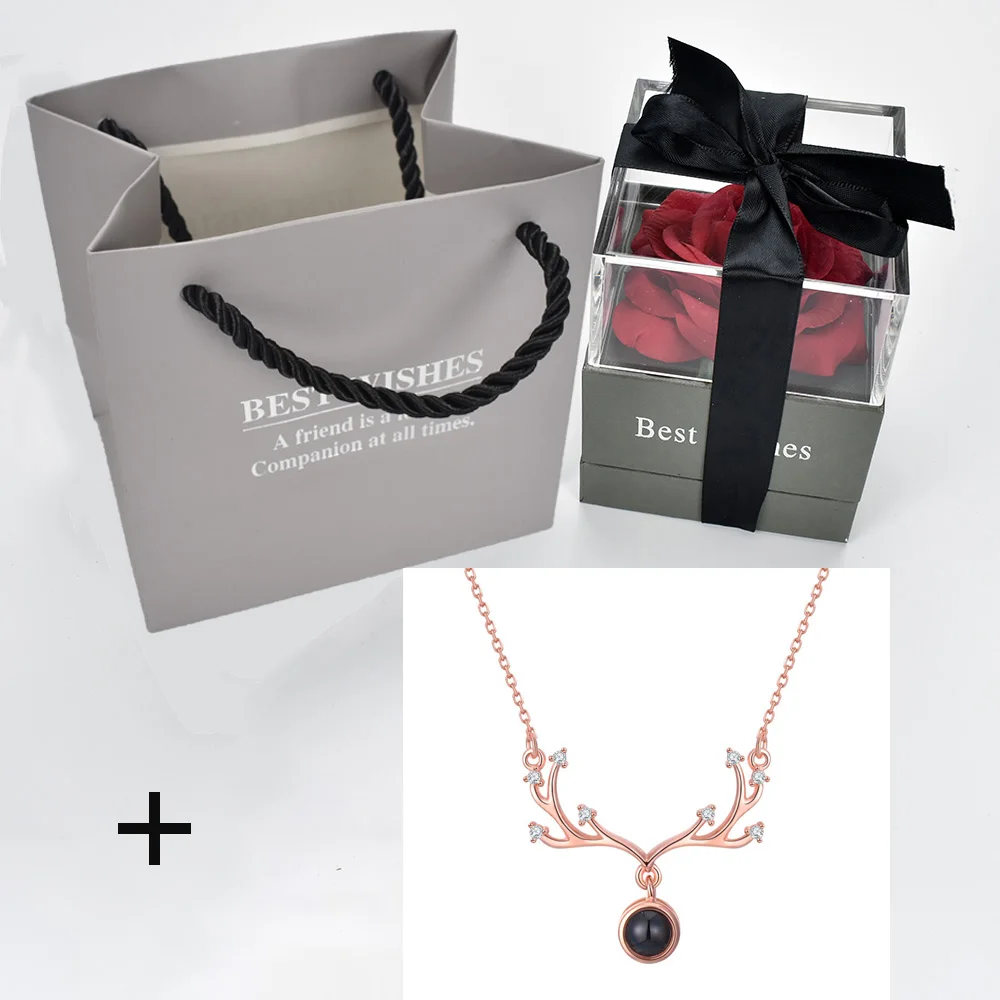 red with necklace 17 Красный цветок розы коробка ювелирных изделий декоративные цветы держатель Чехол 100 языков я люблю тебя Романтическая любовь ожерелье для девушки подарок - Цвет: red with necklace 17