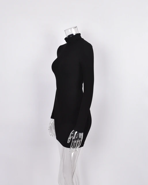 New Women's Wear Short Sexy Black Dress High Collar Long Sleeve 4