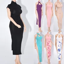 

1/6 Sexy Ice Silk Sling Low-cut Cheongsam Dress Halter-Neck High Slit Dress Fit 12" PH TBL JO UD Female Figure Toy