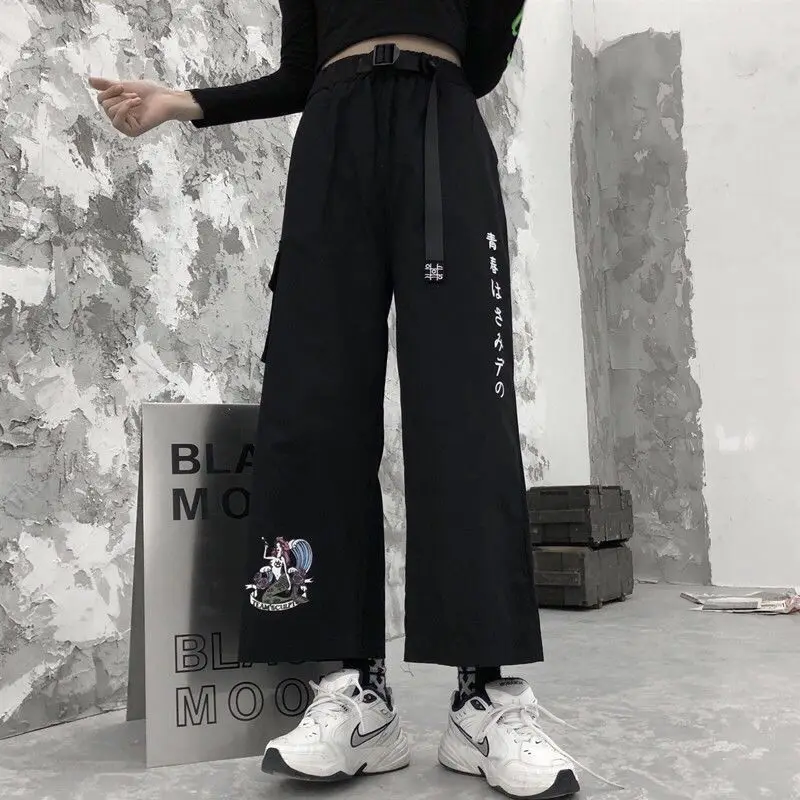 With Belt Wide Leg Baggy Pants Women High Waist Anime Print