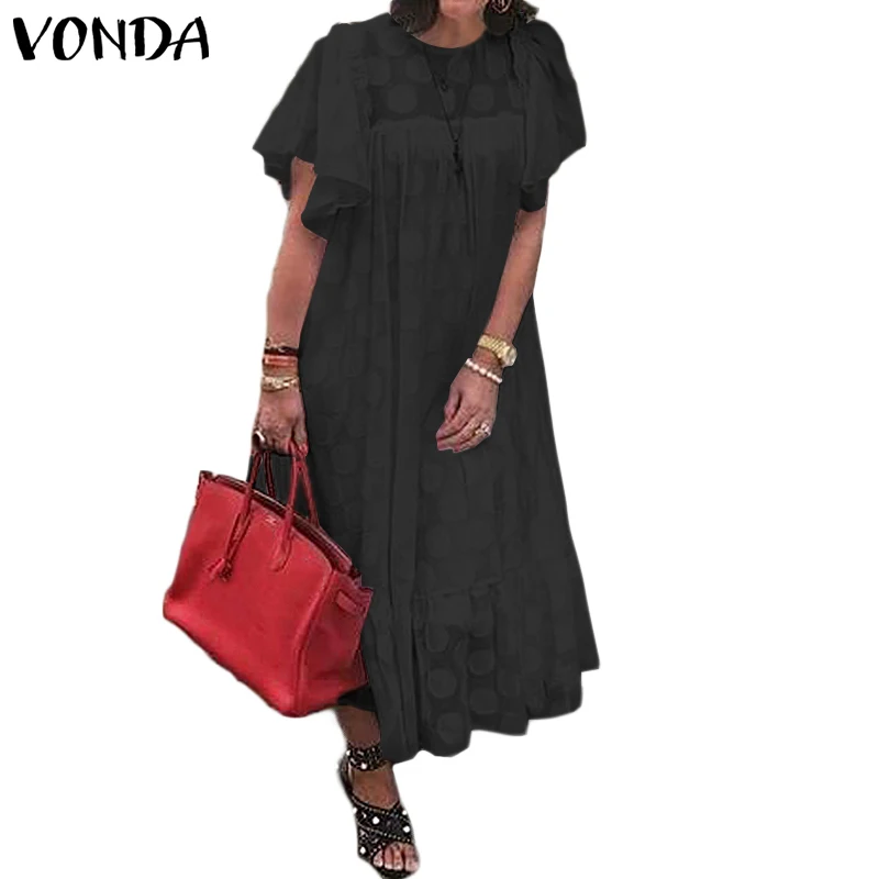 Женский сарафан богемное платье VONDA винтажные вечерние платья с рукавом-бабочкой пляжные повседневные свободные платья размера плюс 5XL - Цвет: Черный