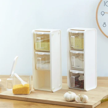 

2 Pcs Vertically Rotatable Seasoning Boxes Kitchen Spice Jar Bottle 3 Grids with Lid, Handle, Spoon Container Storage