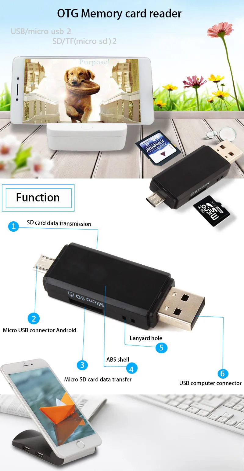 2 в 1 USB OTG кард-ридер флэш-накопитель высокоскоростной USB2.0 Универсальный OTG TF/sd-карта для Android телефона компьютера удлинители