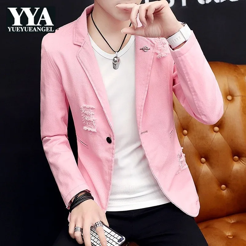 

Slim Fit Personalit Nightclub Wear Fashion Casual Mens Blazers Long Sleeve Single Button Hole Ripped High Street Male Coats