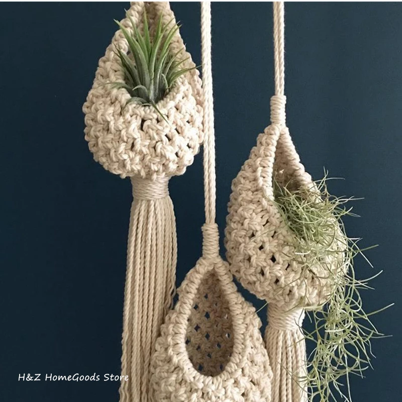 Macrame Rope Plant Wall Hanging Tassel Flower Basket Net Bag Tapestry Cotton Boho Chi Woven Wall Art for Apartment Dorm