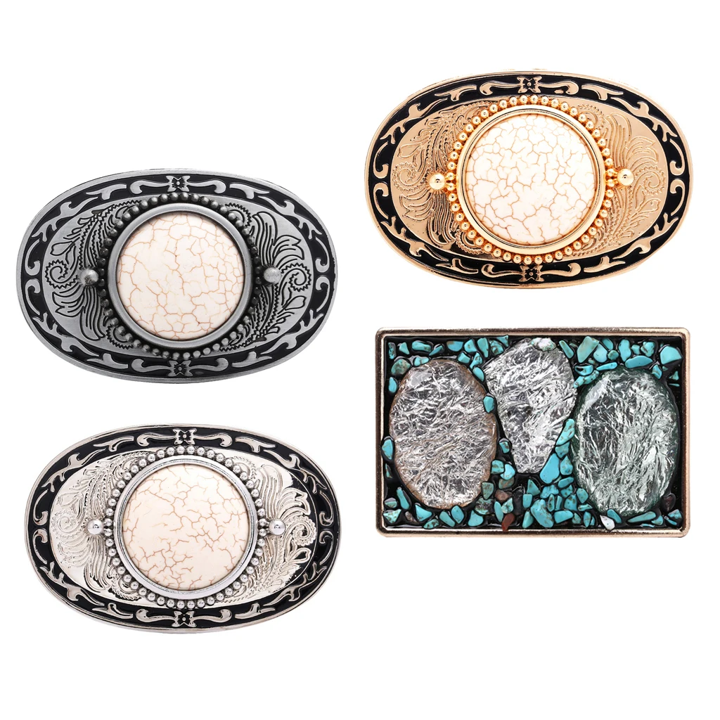 Western Belt Buckle Replacement - Inlaid Gemstone & Turquoise - Novelty Cowboy Belt Buckle, Oval / Square