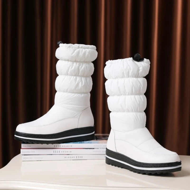 REAVE CAT Mid-Calf Boots Round Toe High platform Down Warm Fur Elastic Band Wool Snow Boots Size 35-43 Black White