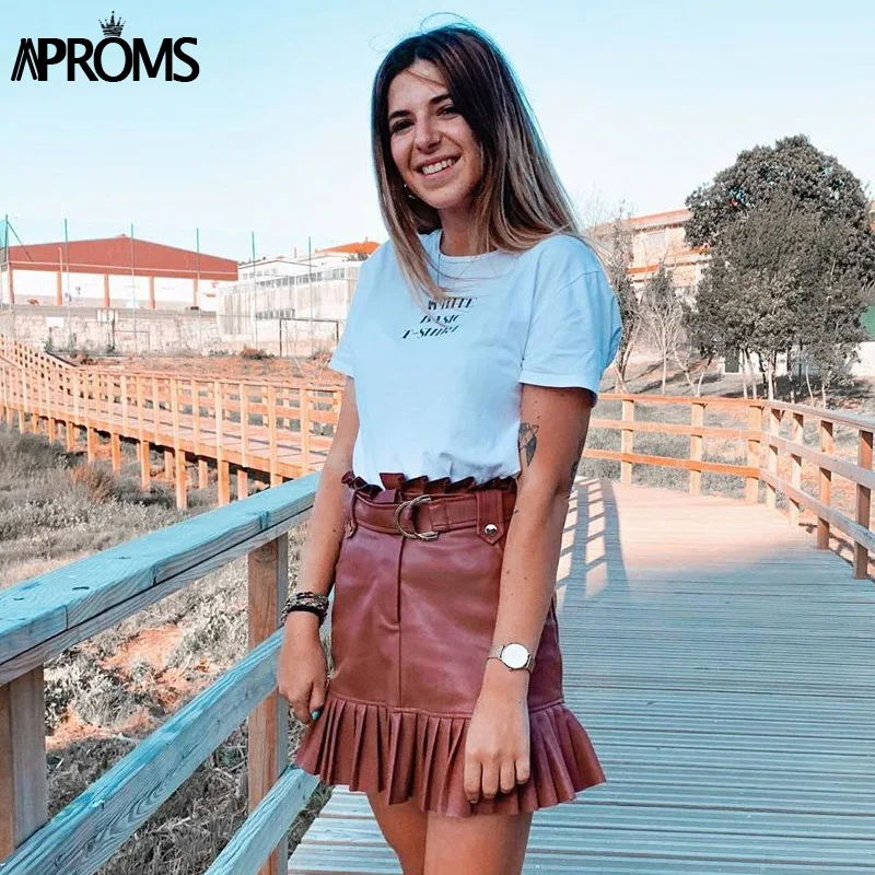 Aproms Vintage PU Leather High Waist Skirt Women Autumn Winter Streetwear Ruffle A-line Short Mini Skirts Ladies Sash Tie Bottom