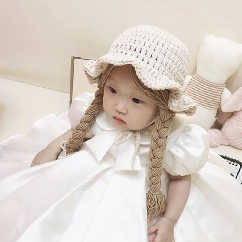 Winter Soft Warm Cute Wig Big Braid Kids Girls Princess Hat Baby Children Knitted Hat Birthday Christmas Party 48-52cm Hot accessoriesdoll baby accessories