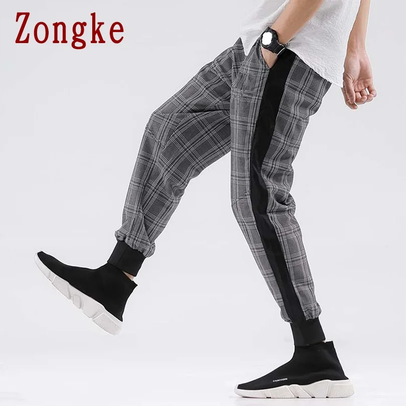 Zongke клетчатые мужские штаны для бега брюки Мужские штаны уличная тренировочные штаны-шаровары штаны, мужские брюки XXXL хип хоп Осень новинка