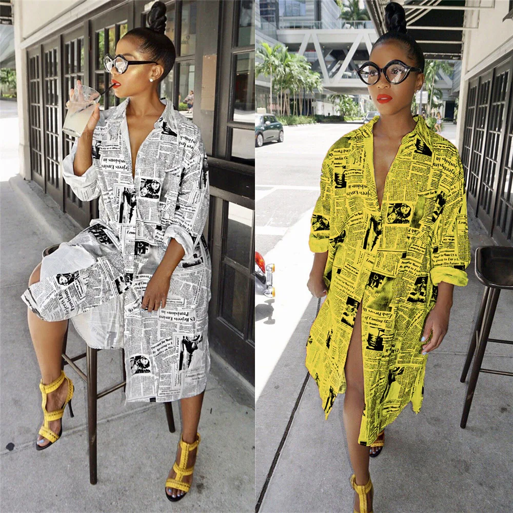 

2019 Europe and the United States autumn new fashion classic high-end dress newspaper print jacket dress