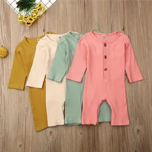 Одноцветный комбинезон для новорожденных мальчиков и девочек, 4 цвета, хлопковый трикотажный комбинезон с пуговицами, одежда с длинными рукавами