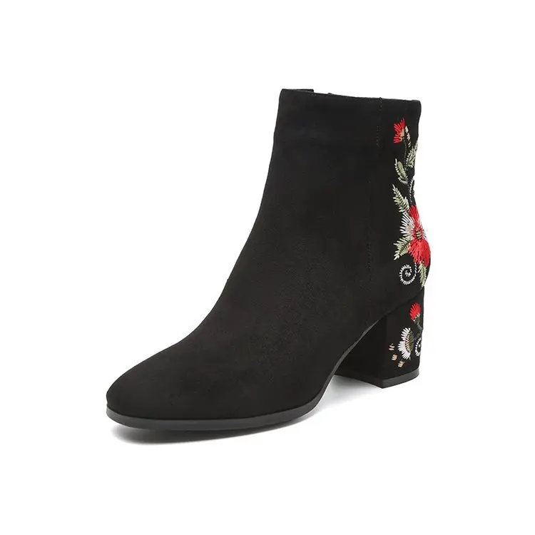 

Ankle Boots For Women Winter Warm Plush Fashion Embroider Short Boot Ladies High Heels Round Toe Casual Shoes Zip Mujer 2019
