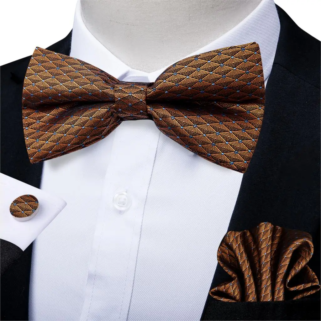 

Gold Check Silk Bow Tie Set Wedding Bow Tie Pocket Square Cufflinks 3pcs Set Tuxedo Butterfly Tie Male Neckwear DiBanGu