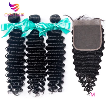 

OYM HAIR 4PCS/LOT Peruvian Deep Wave Hair 3 Bundles With Closure Non-Remy Double Weft Human Hair Bundles With Lace Closure