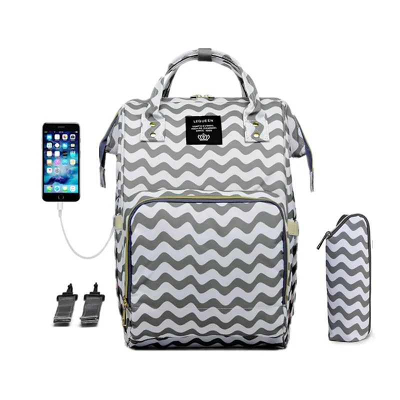 LEQUEEN USB сумка для подгузников, сумка для мам, многофункциональная водонепроницаемая сумка для подгузников для путешествий на открытом воздухе, сумки для подгузников для папы с крючком для коляски, сумка для стаканчиков для воды