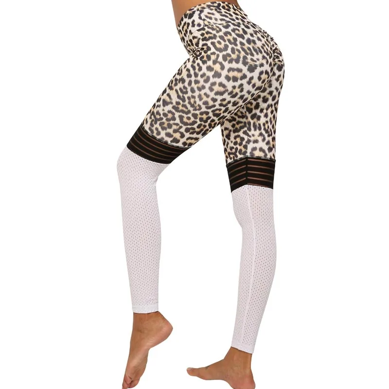 

NORMOV Fashion Women Fitness Leggings Leopard Printing Mesh Patchwork High Waist Elastic Workout Skinny Slim Knitted Leggings