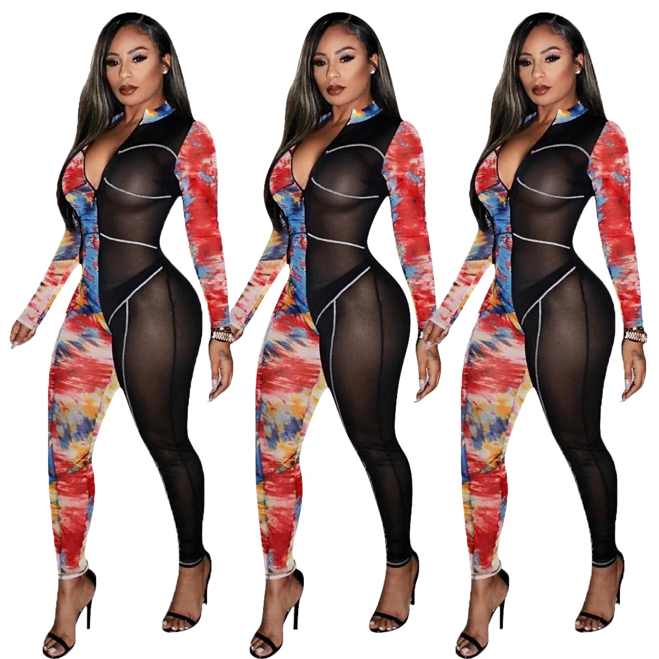 Echoine Women Tie-Dye Print Mesh Patchwork Jumpsuits Sexy Deep V-neck Zipper Full Sleeve Bodycon See Through Nightclub Rompers | Женская