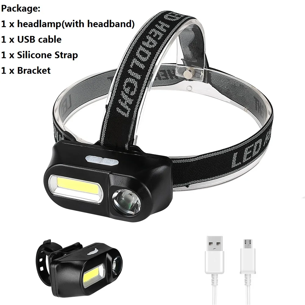 Мини XPE+ COB светодиодный налобный фонарь, рабочий светильник, водонепроницаемый велосипедный головной светильник, перезаряжаемый через USB 18650, фонарь на батарейке, светильник-вспышка для ночного велоспорта - Испускаемый цвет: USB Cable