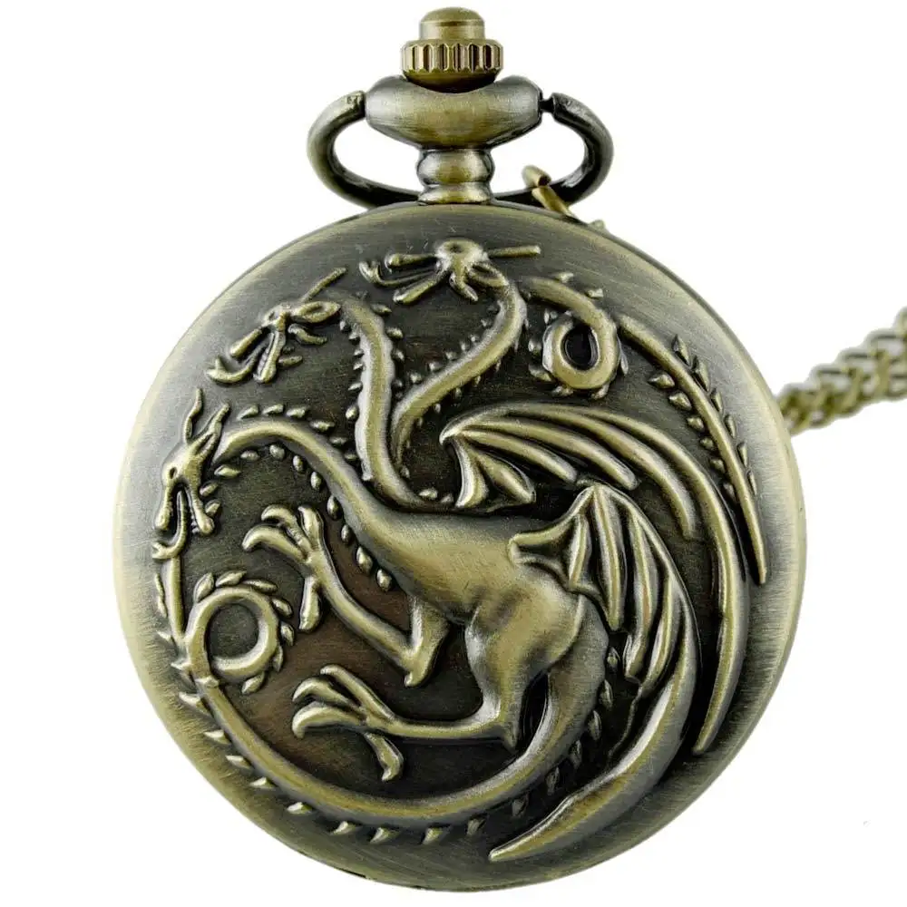 

IBEINA Retro Bronze Vintage Game of Thrones Quartz Pocket Watch Fob High Quality Dragon Necklace Pendant Best Antique Gift