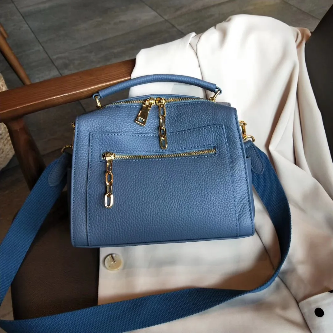 Роскошная женская сумка из натуральной кожи с золотой цепочкой на молнии, высокое качество, 2 ремешка, Женская винтажная сумка через плечо - Цвет: Синий
