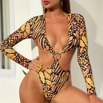 

Misswim Sexy long sleeve swimsuit for women 2020 new V neck swimwear women Leopard print monokini Bodysuits bathers bathing suit