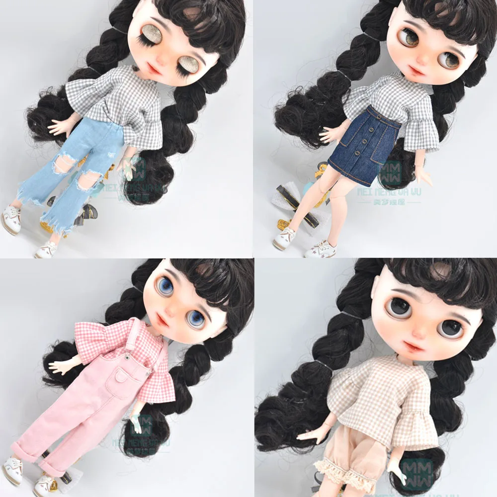 

Blyth Doll Clothes Fashion Plaid lantern shirt ripped jeans, mini skirt Toys Gift