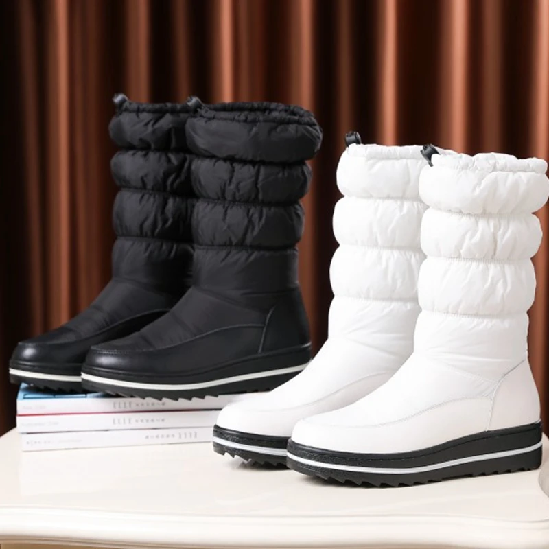REAVE CAT Mid-Calf Boots Round Toe High platform Down Warm Fur Elastic Band Wool Snow Boots Size 35-43 Black White