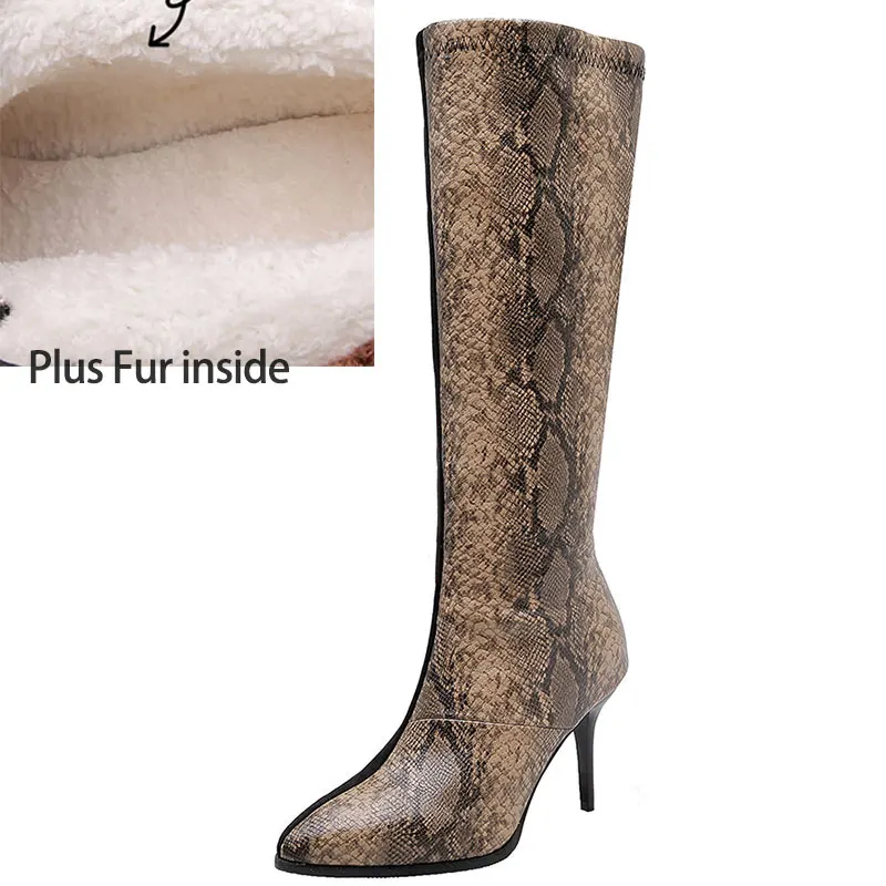 Plus Fur Yellow Sgesvier/модные сапоги до колена из искусственной кожи с принтом питона женские высокие сапоги из эластичной искусственной замши на тонком высоком каблуке с острым носком - Цвет: Plus Fur Yellow