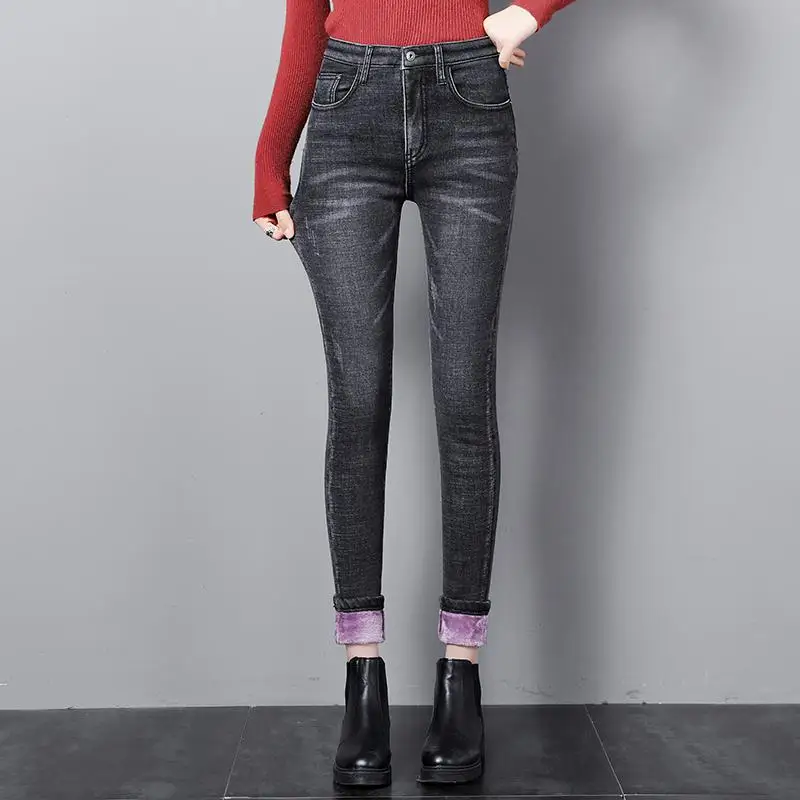 GUUZYUVIZ Velvet Jeans Woman Plus Size Denim Pencil Pants Ladies High Waist Winter Vintage Casual Jean Femme Vaqueros Mujer - Цвет: Gray