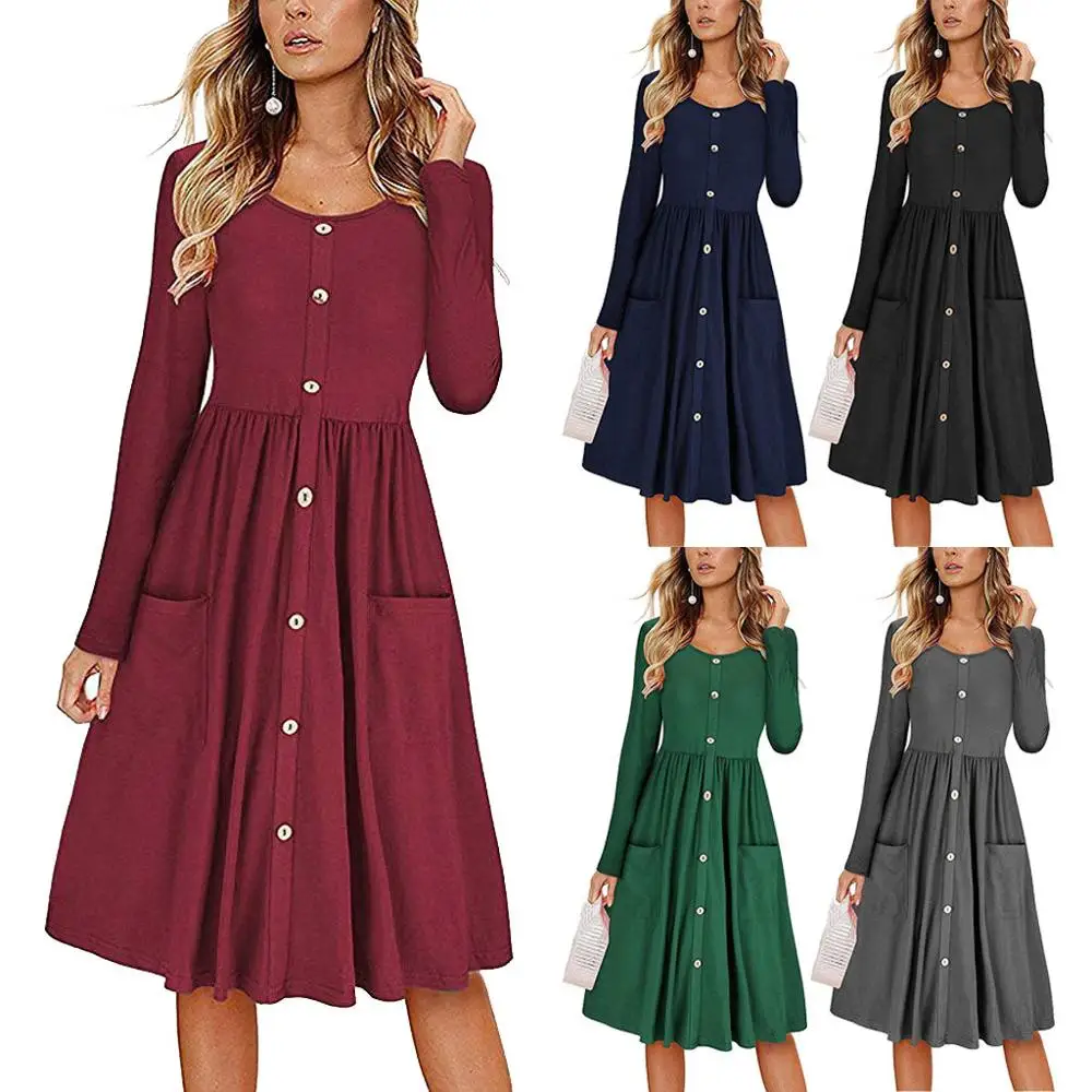 

Winter Bohemian Round Neck Long Sleeve Button Down Dress Women's Pockets Dress