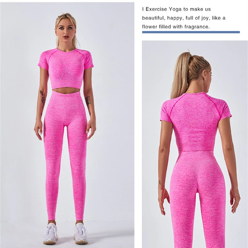 Seamless Sport Set Women Pink Two 2 Piece Crop Top T Shirt Sport Shorts Yoga Sportsuit Workout Active Outfit Fitness Gym Sets